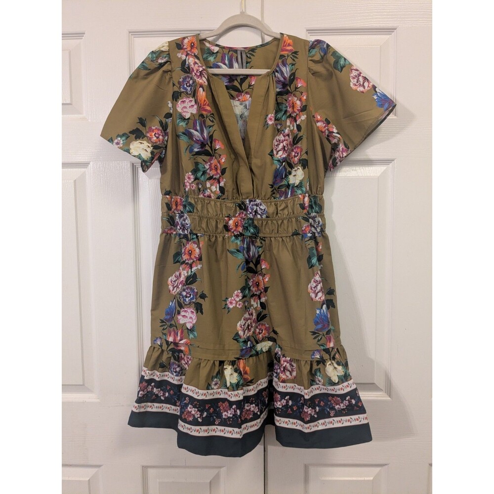 Anthropologie Somerset Mini Dress Large Olive Floral Cotton Smocked Pockets